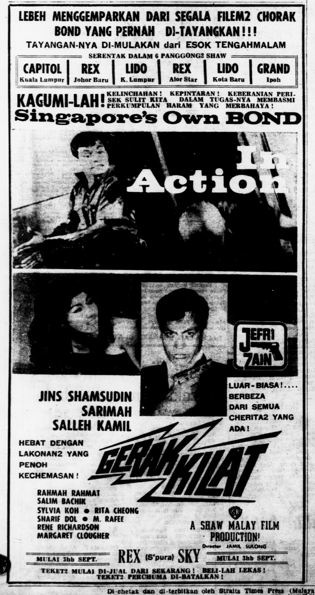 An advertisement for "Jefri Zain dalam Gerak Kilat". Image reproduced from Berita Harian, 29 August 1966, 8. (From NewspaperSG).